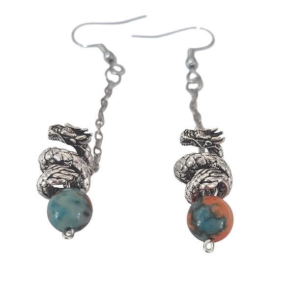 Handmade Dragon Dangle Teal Orange Earrings - Picture 3 of 3